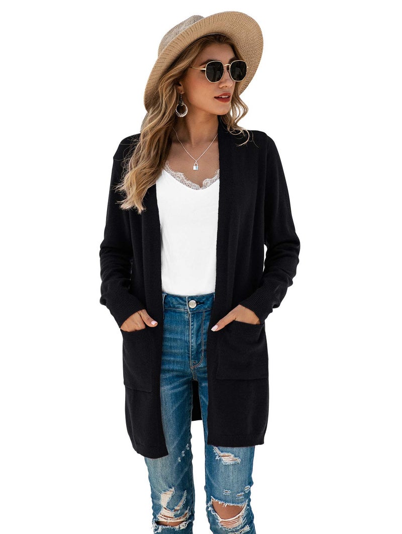 TASAMO Women's Long Sleeve Pocket Solid Color Knit Ribbed Neckline Cardigans (Small,Black) - Image 5